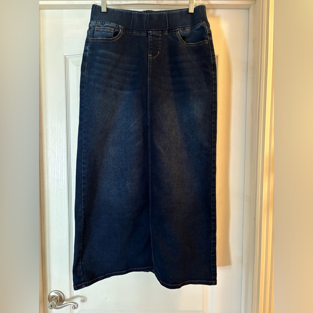 Be-Girl Women’s Long Denim Jean Skirt Elastic Waist Stretchy Pull On Medium
